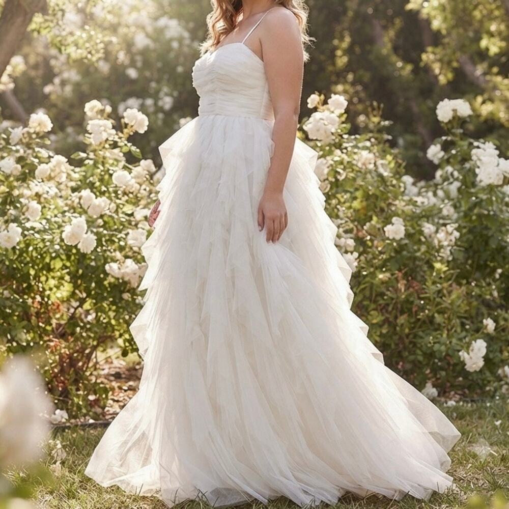 FAERIESTY | White Tiered Tulle Sleeveless Maxi Gown Ruffle Wedding Formal | 1X